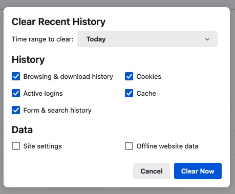 Screenshot of the options when clearing browsing data