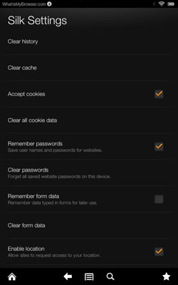 Kindle Fire Settings screen, showing how to clear cookies and browsing history