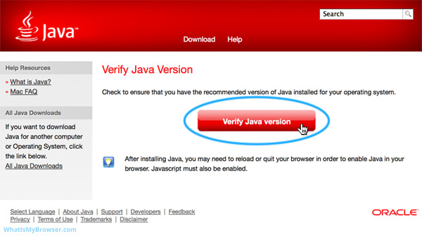 The 'Verify Java version' button on the Java website.