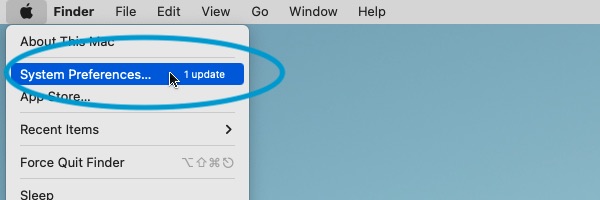 The System Preferences menu item, showing 1 update available.