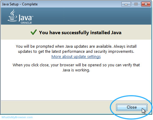 Click the 'Close' button and Java will reopen your web browser to verify itself