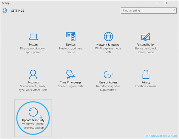 The Setting screen, showing the Update and Security option