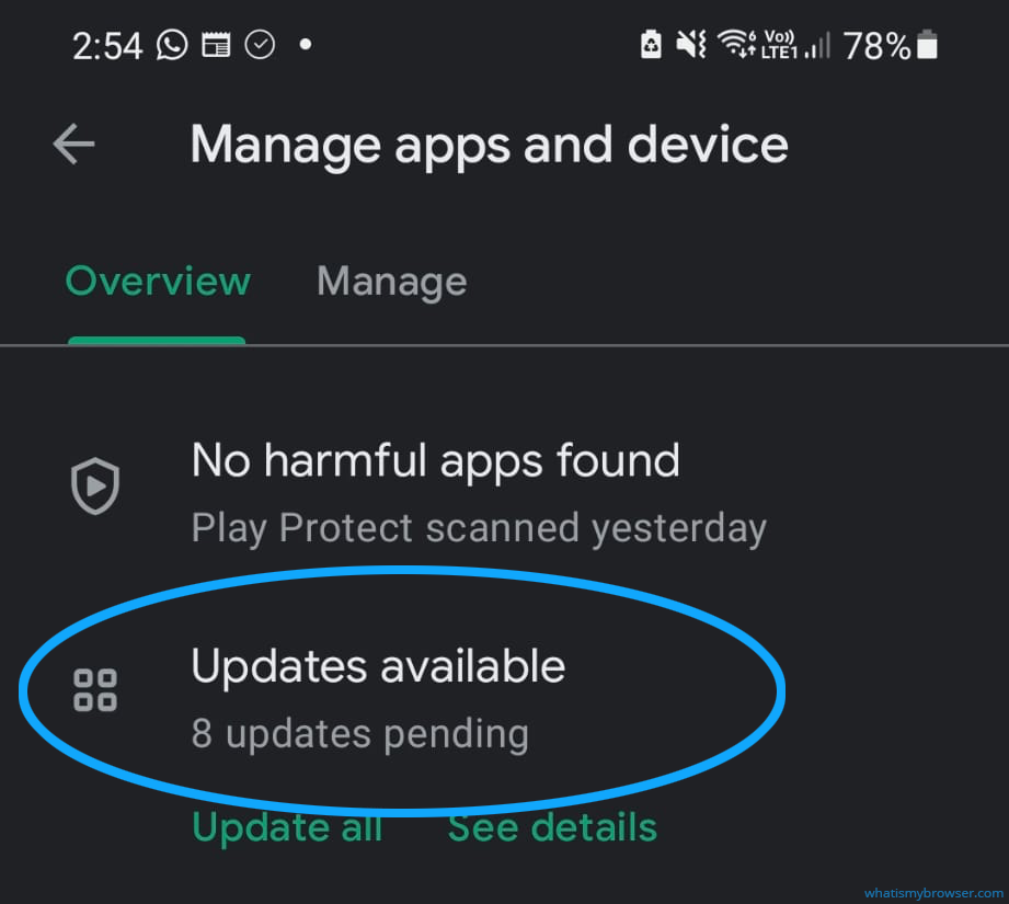 Screenshot of the menu, highlighting the Manage apps and device item