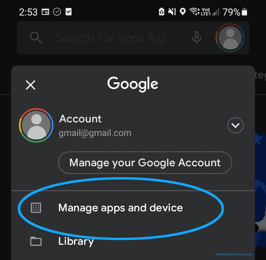 Screenshot of the menu, highlighting the Manage apps and device item