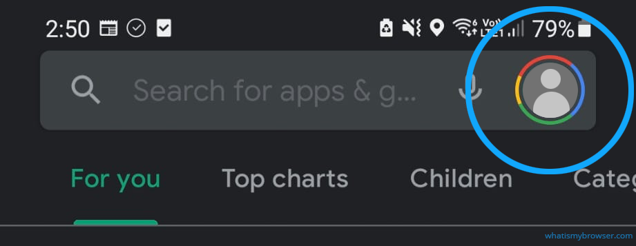 Screenshot of the Google Play Store, highlighting the profile icon