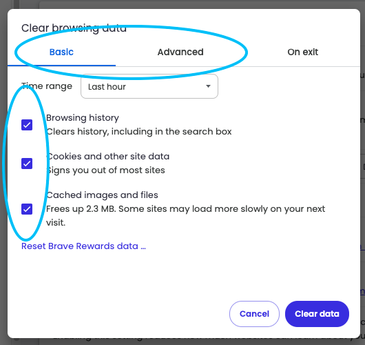 The interface to clear browsing data - there are checkbox options on the left for each item, and Basic/Advanced tabs along the top