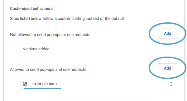 Chrome's interface for allowing or blocking popups on individual sites - each section has an Add button to add new sites.