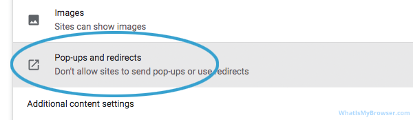 The Popups and redirects item in the Site settings screen
