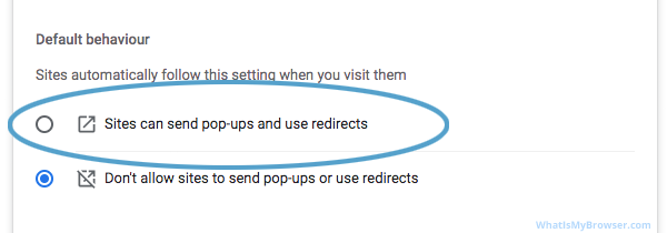 Chrome's controls for allowing or blocking popup windows on all sites