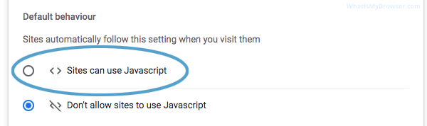 Screenshot of the JavaScript controls showing that it is disabled, the Enable option is circled in blue.