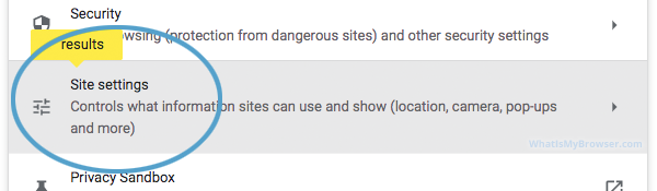 The Site settings option in Chrome's Security section, showing that search results match