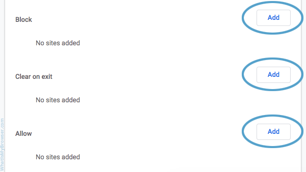Les sections pour bloquer / effacer / autoriser les cookies pour différents sites
