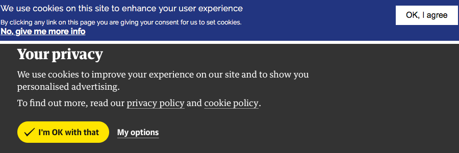 Screenshot of some cookie warnings from other sites