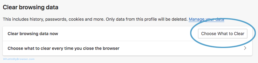 The Choose What to Clear button on the Privacy screen