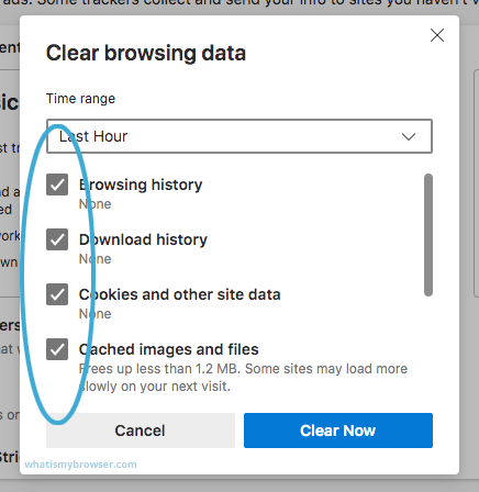 A list of items you can clear from Edge