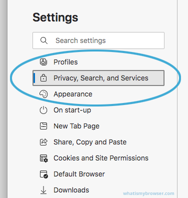 Screenshot of the Settings menu - showing the Privacy, Search, and Services item