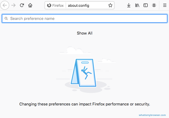 The search interface for the advanced firefox configuration options