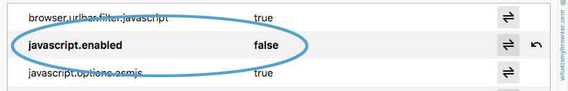 The disabled JavaScript setting highlighted in the list