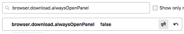 The default for browser.download.alwaysOpenPanel is true