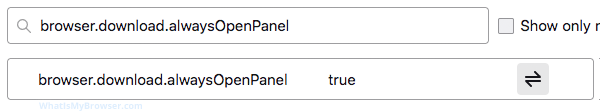 The default for browser.download.alwaysOpenPanel is true
