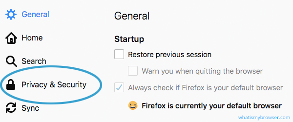 The Firefox Options window. Privacy & Security is an option shown in the list.