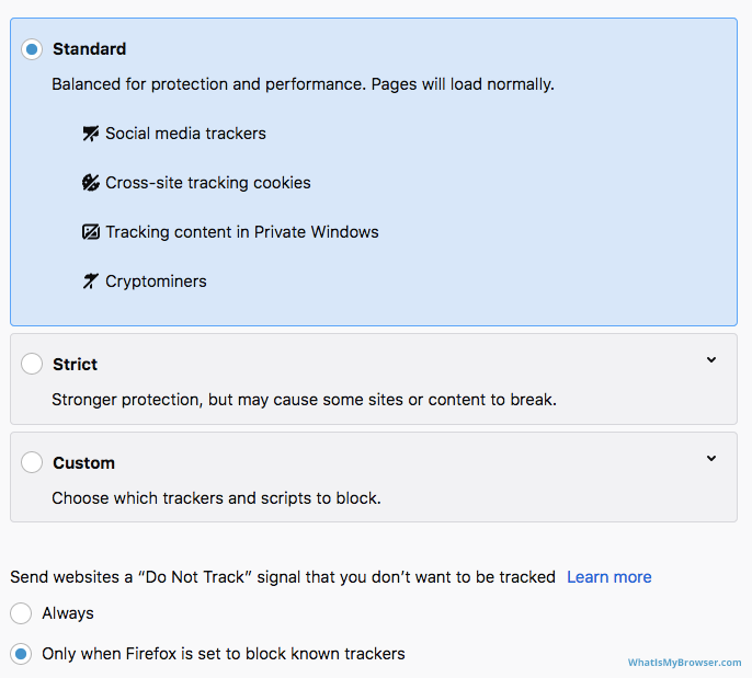 The choices for Firefox Browser Privacy