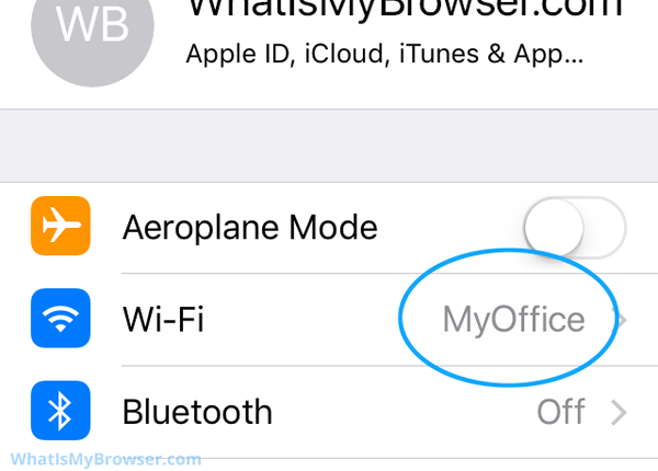 The Settings App, showing the connected WiFi name
