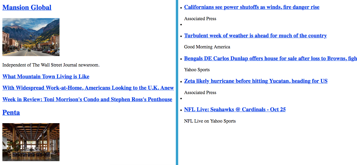 A screenshot of two websites that haven't got active stylesheets - just black and white text, with images.