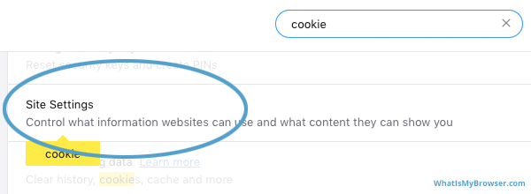 The Site settings item with Cookies highlighted