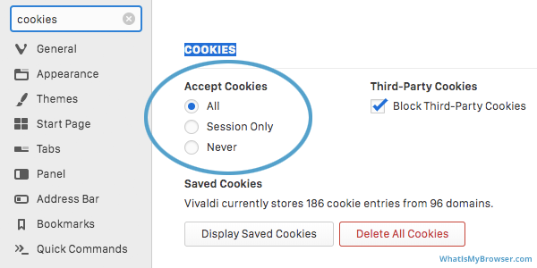 The Vivaldi settings window only showing the Cookies settings