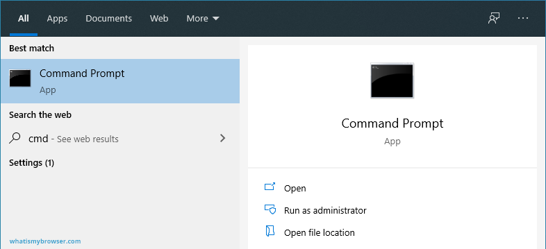 Windows Search has found the Command Prompt tool