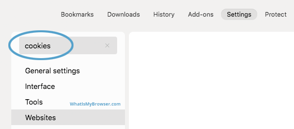The settings search bar with the search term 'Cookies'
