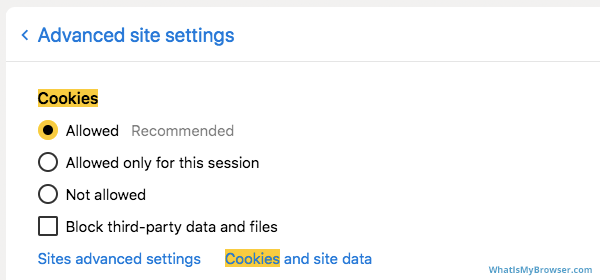 The Cookie Settings window